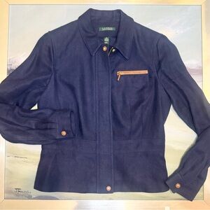 Lauren - Ralph Lauren Navy Blue Linen Jacket with Leather Details